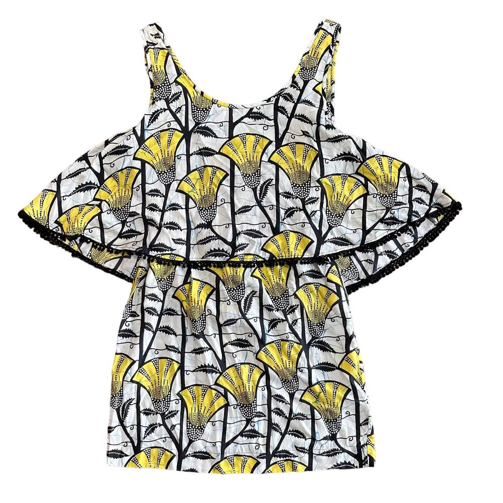 Love Sam Yellow, Black, White Large Print Tiered Fringe Romper Summer Dress XS